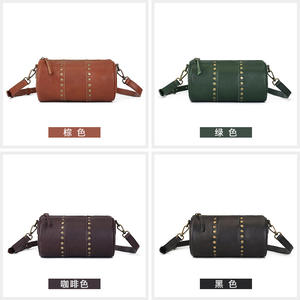 Nuevo bolso cilíndrico con tachuelas de cuero genuino, bolso de hombro tipo bandolera de grano superior curtido vegetal Retro para mujer - Product Image 6