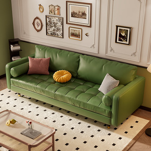 White Tufted Leather <b>Sofa</b> Straight Shape Three Seater Living Room Furniture Modern French Style <b>Small</b> Apartment <b>Sofa</b> - Product Image 2