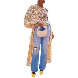 เสื้อยืดแฟชั่นผู้หญิงพิมพ์ลายดอกไม้ แขนระบายข้างเดียวผูกโบว์ - Product Image 3