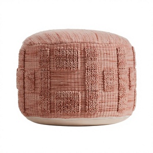 Pouf artisanal en coton/laine/polyester à fibres végétales, design scandinave, motif géométrique abstrait, multifonctionnel pour salon - Product Image 1