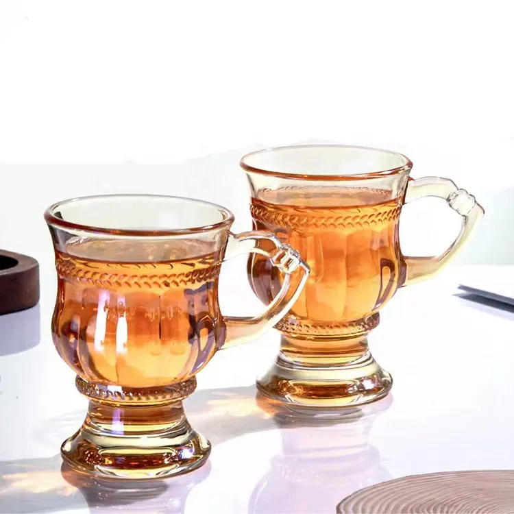 Retro Amber Clear Embossed Becher Vintage Europäische Wasser Tasse Tee tasse Saft Wasser Kaffee becher Trinkglas Tasse Mit Griff