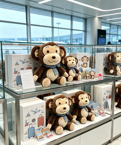 Peluche singe curieux en fourrure marron avec nœud papillon bleu à carreaux, pattes brunes, souriant, assis, OEM ODM personnalisé - Product Image 3
