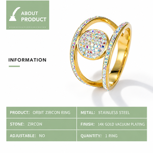 Anillo Orbit de Zirconia de Acero Inoxidable con Baño de Oro de 14K al Vacío, Diseño de Disco Pavé y Doble Arco Ovalado, Anillo de Declaración - Product Image 2