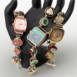 Ladies' Vintage Custom Bracelet Quartz Watch Rose Gold Silver Enamel Floral Crystal Adjustable Chain Analog Dial Elegant Jewelry - Product Image 1