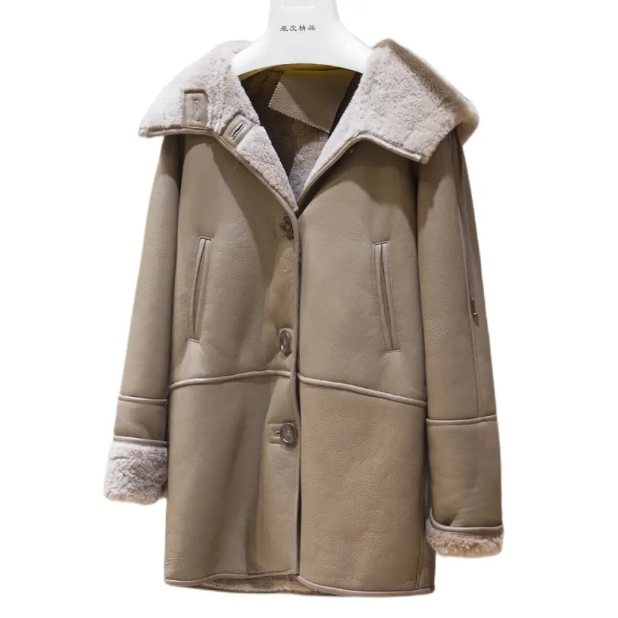 Double Face Leather Overcoat Wholesale Parka Ladies Winter PU Jacket Women Fleece Lined Lamb Shearing Hooded Coat