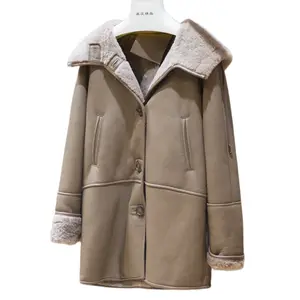 Double face Leather overcoat wholesale parka ladies winter PU jacket women fleece lined Lamb shearing Hooded coat