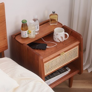 Cherry Wood Solid Wood Nightstand With Drawer And Shelf Bedroom Storage Cabinet Multifunctional <b>Bedside</b> Table Natural Color - Product Image 2