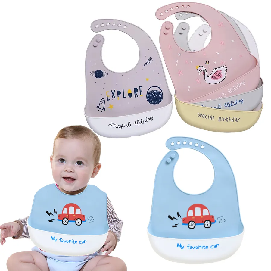 2023 High Quality Custom Free Sublimation Baby Bibs Girl Boy Adjustable Soft Washable Waterproof Silicone Feeding Bib For Baby