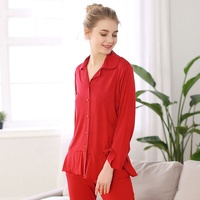 Ensemble de pyjama 2 pièces en jersey thermique brodé, manches longues et pantalon long, grande taille, vêtements de détente, coton et bambou, couleur unie
