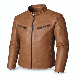 Unisex Tan PU Leather Moto <b>Jacket</b> with Stand Collar Dual Zip Pockets <b>Quilted</b> Shoulder Detail Quick Dry & Breathable - Product Image 3