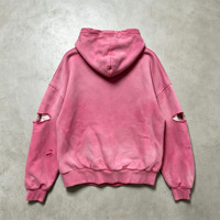 Sweat-shirt à capuche unisexe épais à double couche avec doublure en tricot gaufré rose personnalisé, effet délavé soleil et usé, lavage à l'acide pour homme