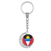 Porte-clés personnalisé en forme de lune rotative avec drapeau national d'Antigua, porte-clés en alliage avec cabochon en verre double face pour souvenir touristique