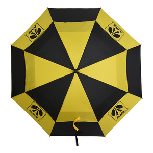 Parapluies de golf à logo personnalisé Parapluie droit à cadre en fibre de verre noir jaune à double couche ventilée et coupe-vent solide nouveau design - Product Image 4