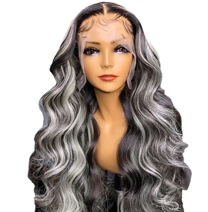 Black Grey Highlight Wig Body Wave Lace Front Wig Synthetic Glueless Invisible For Women Cosplay Party