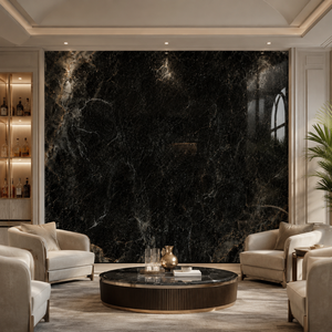 Losa de piedra sinterizada Louis Black Gold brillante de 1600x3200, 12 mm, base negra oscura con vetas grises doradas, para peldaños de escalera y encimeras de cocina. - Product Image 5