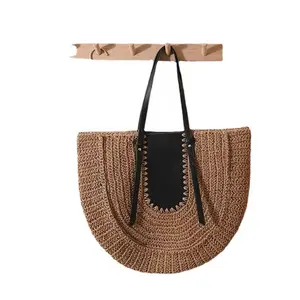 Nuova borsa da spiaggia da donna con tessuto a mano semi-cerchio di grande capacità, piccola borsa da spiaggia intrecciata a mano