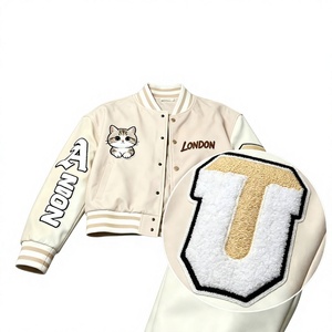 Veste universitaire personnalisée pour femme en mélange de laine, manches en similicuir blanc, broderie de lettres en chenille, style streetwear, veste Letterman - Product Image 4