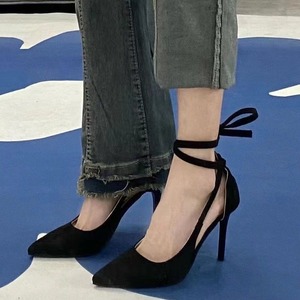 New Sexy Classic <b>Pumps</b> for Women QuiteS <b>Black</b> High Heels With Cross Strap Pointy Shallow Mouth Temperament for Summer - Product Image 2