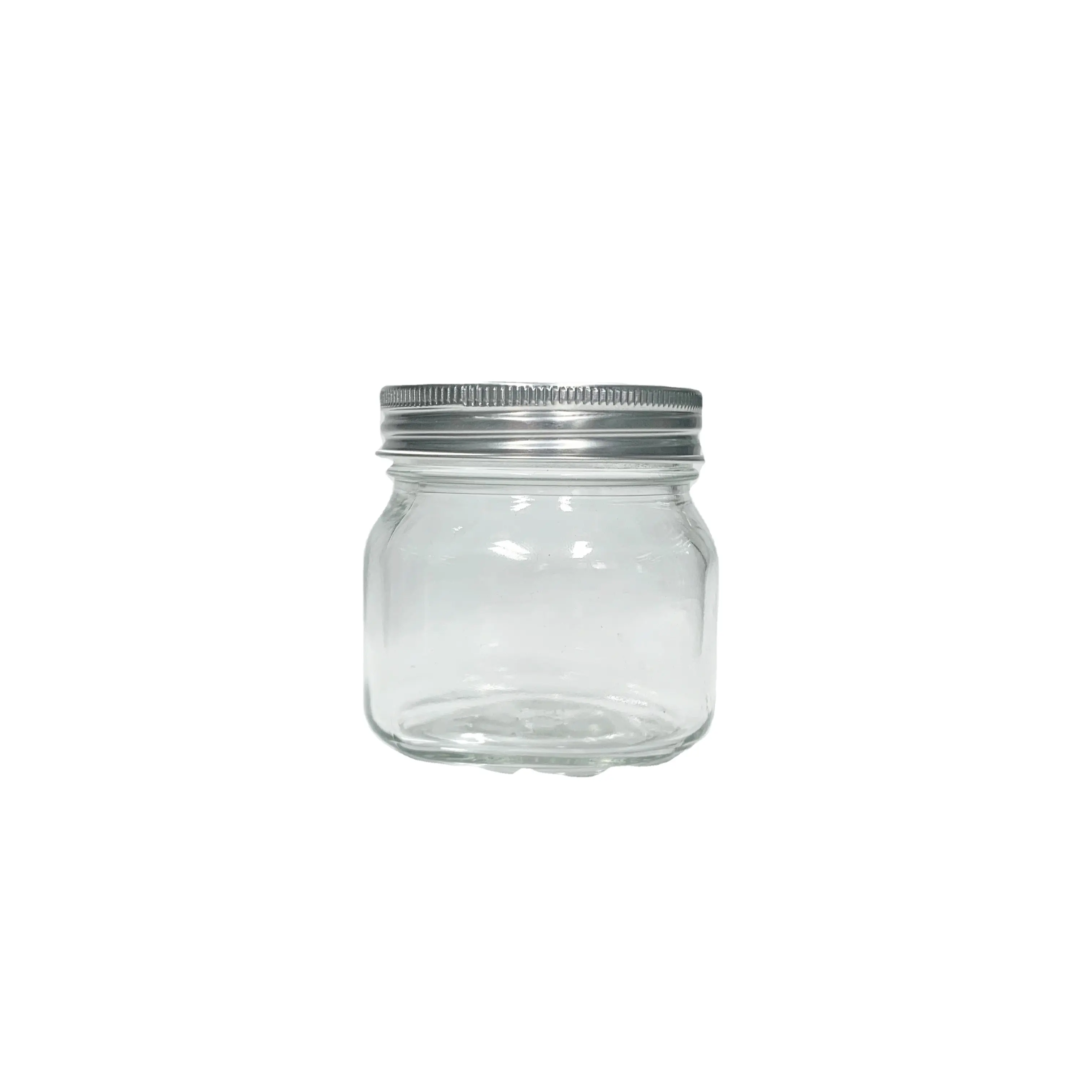 8Oz 250Ml Vierkante Ronde Regelmatige Mond Glas Voedsel Opslag Mason Jar Met Zilveren Aluminium Deksel