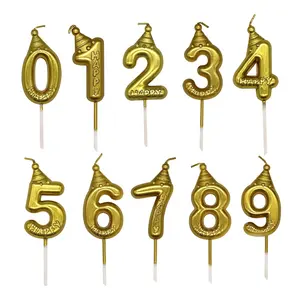 Número do bolo de aniversário velas Chapéu de aniversário Números do ouro 0-9 Velas de aniversário para festas