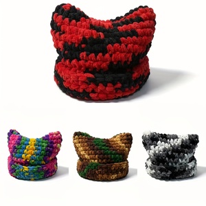 Bonnet épais en tricot crochet fait à la main, épais, chaud, en peluche, pêcheur, Y2K, chapeau coloré arc-en-ciel, oreilles <span class=keywords><strong>de</strong></span> chat - Product Image 3