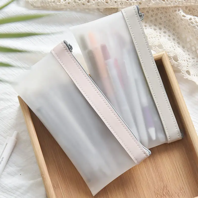 Stationery Organizer Pen Pouches Cosmetics Case Simple Transparent Frosted Snooth TPU Leather Korean Fashion INS Pencil Bag