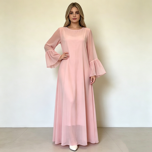 Vestidos Maxi Abaya Casuales y Modestos para Mujer, de Gasa Rosa Bebé Sólida, <span class=keywords><strong>con</strong></span> Cuello Redondo, Manga Larga <span class=keywords><strong>con</strong></span> Volantes, Forrados y Holgados, Venta al por Mayor - Product Image 3