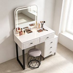Modern <b>Makeup</b> <b>Vanity</b> With Lighted <b>Mirror</b> Storage Drawers Bedroom Dressing Table With Stool - Product Image 1