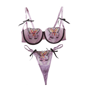 Lencería Sexy Ecológica y Transpirable de Malla con Bordado 3D de Mariposa, Sujetador con Aros y Bragas, Diseño <span class=keywords><strong>Color</strong></span> Block Transparente de Puro Deseo - Product Image 5