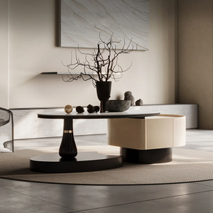 Modern Marble Coffee Table <b>Set</b> Beige Irregular Shape Designer Living Room Furniture - Product Image 1