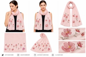 Pañuelo de Algodón Bordado con Flores Rosas, Ligero, Transpirable y Suave para Mujer, Ideal para Uso Diario en Primavera - Product Image 1
