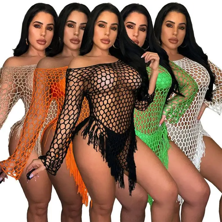 2024 Mùa Hè Boho Crochet Ăn Mặc Fringe Phụ Nữ Bãi Biển Đồ Bơi Sexy Phụ Nữ Xem Thông Qua Lưới Ăn Mặc Bãi Biển Bìa up Tắm Phù Hợp Với