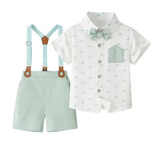 Catpapa En gros Ensemble de cérémonie 3 pièces pour garçons : Chemise à manches courtes à imprimé flèches, <span class=keywords><strong>Short</strong></span> à bretelles vert et Nœud papillon - Product Image 1