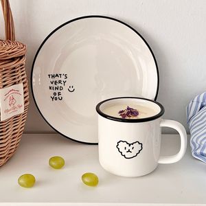 Korean Style Black Rimmed Coffee Mug Minimalist Ceramic Mug and Plate Breakfast Milk Cup - Product Image 1