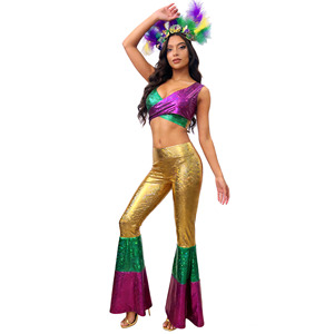 Ensemble de fête de carnaval, costume rétro disco pour femmes, tenue de performance or, vert, violet, déguisement d'Halloween - Product Image 2