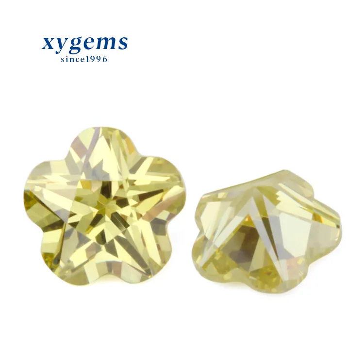 Xygems 합성 공장 기계 꽃 컷 cz 매화 4mm 꽃 모양 올리브 옐로우 큐빅 지르코니아 보석 wuzhou