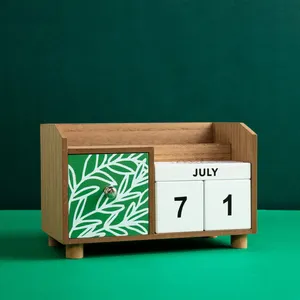 Eaglegits-Decoración de escritorio para el hogar y la Oficina, caja de almacenamiento de madera verde, organizador de mesa de cajón superior con calendario y bloqueo de escritorio