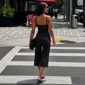 Women’s Black Spaghetti Strap <b>Jumpsuit</b> Slim Fit Sleeveless Wide Leg Cropped Pants Casual Stretch Romper Summer <b>Lounge</b> Outfit - Product Image 5