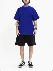 เสื้อยืดคอกลมสำหรับผู้ชายผ้าฝ้าย95% ผ้าสแปนเด็กซ์สีทึบทรงโอเวอร์ไซส์สีฟ้าเข้ม - Product Image 4