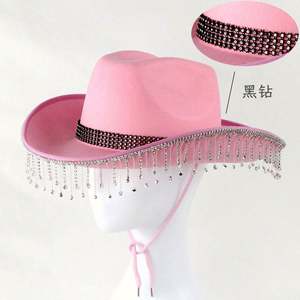 Chapeaux de cow-boy style western en promotion pour marié et mariée, chapeau de cow-boy rose avec strass pour fête - Product Image 2