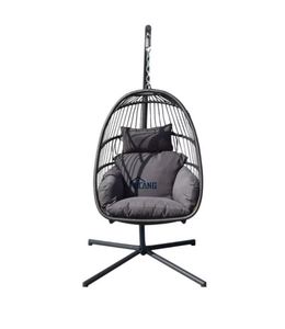 Fauteuil suspendu pliant d'extérieur en rotin, chaise balançoire en forme d'œuf avec coussin et oreiller - Product Image 5