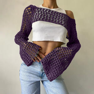 HANO Langarm Stricken Crop Tops Frauen Sommerfest Strand Sexy Hollow Out Kittel T-Shirts Fairy Y2k Kleidung - Product Image 3