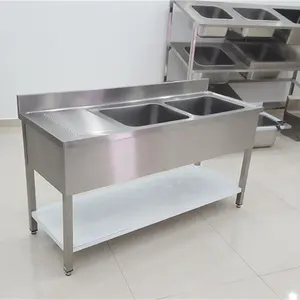 Diskon Besar-besaran Eropa 304 Meja Wastafel Baja Tahan Karat dengan Wastafel Komersial Mangkuk Ganda untuk Dapur