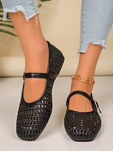 Zapatos planos de ballet tejidos con diseño hueco para mujer, con correa de hebilla, punta redonda, de cuero PU, suela suave, para el hogar, regalo para el Día de la Madre - Product Image 2