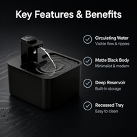 Fontaine à eau pour animaux de compagnie, noir mat, à circulation automatique, avec bec en forme de L, plateau encastré pour chats et chiens, intérieur