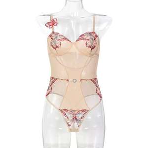 Body Exclusivo Deep Love con Apliques de Bordado 3D de Mariposa Roja, Color Beige Albaricoque, Cierre de Botones en la Entrepierna, Ecológico - Product Image 2