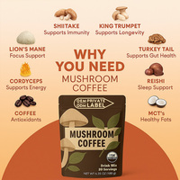 Café de champiñones en polvo con etiqueta privada, café de champiñones para la salud cerebral e inmune con propiedades de aumento de energía, café de champiñones
