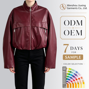 <strong>Burgundy</strong> Stand Collar Zipper PU <strong>Leather</strong> <strong>Jacket</strong> Women's Short <strong>Leather</strong> <strong>Jacket</strong> Factory Custom Colors Sizes - Product Image 1