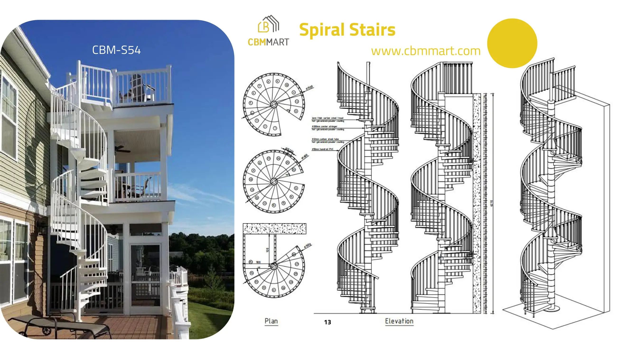 सीबीएममार्ट हॉट सेलिंग अच्छी गुणवत्ता वाली कस्टम आर्क सीढ़ी लोहे की रेलिंग डिजाइन के साथ घुमावदार स्टेनलेस स्टील सर्पिल सीढ़ी