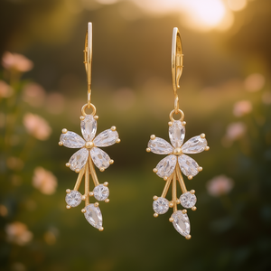 Pendientes colgantes de flores E464 blancos, rellenos de oro de 18 quilates, con diamantes de imitación de cristal, estilo romántico para mujer, para boda - Product Image 2
